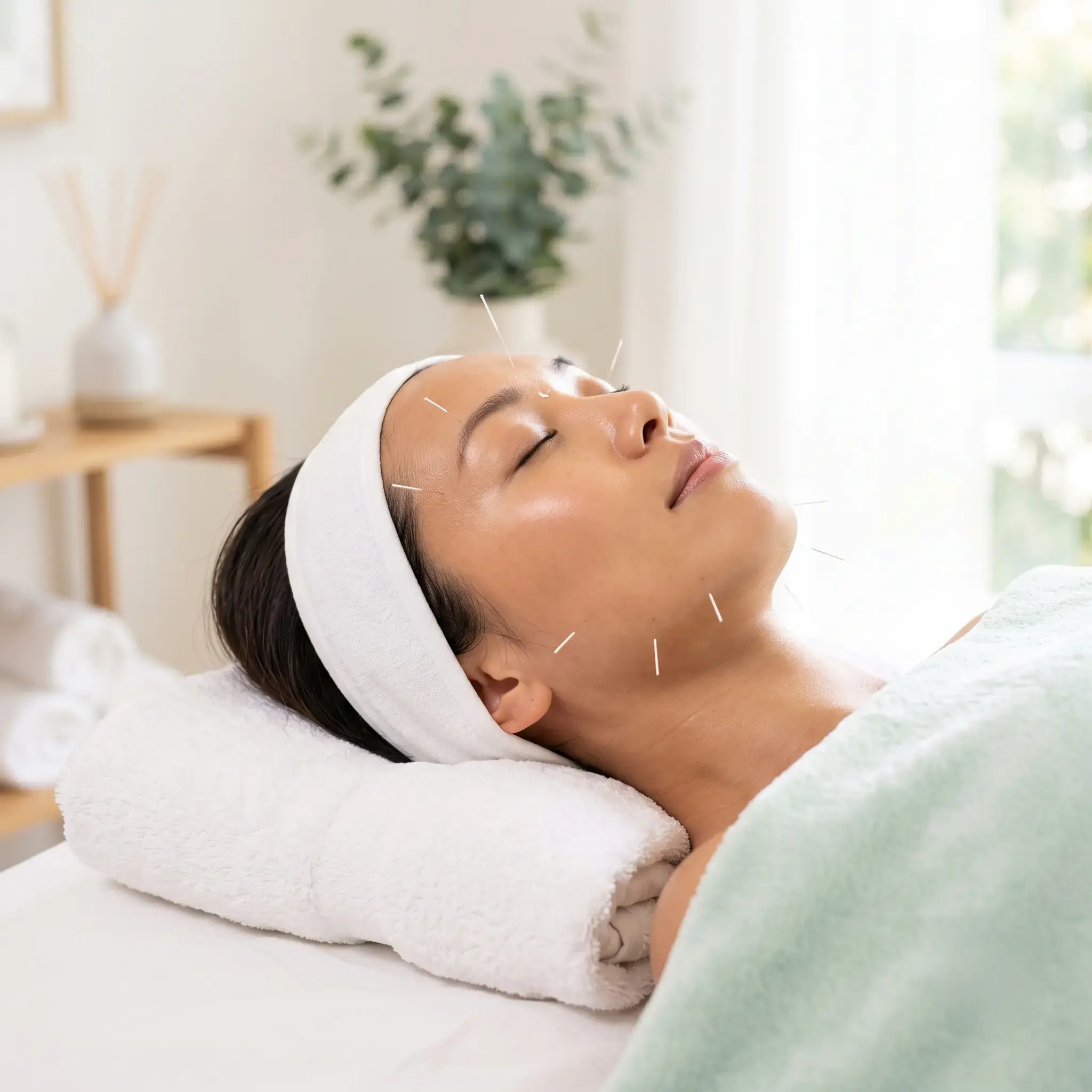 Woman receiving facial acupuncture treatment for glowing skin